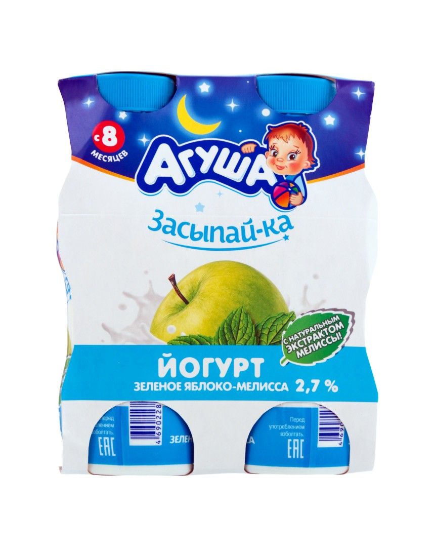 Йогурт 2.7% для детей от 8мес Зеленое яблоко-мелисса Засыпай-ка Агуша п/бут 200г.