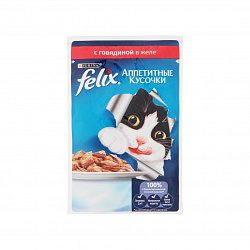 Корм для кошек Purina Felix Аппетитные кусочки с говядиной в желе, 85 г.